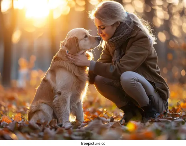 Young woman with golden retriever in the park