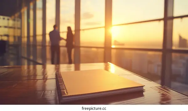 Two business people talking in an office with a city view
