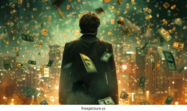 A man standing in the rain of money