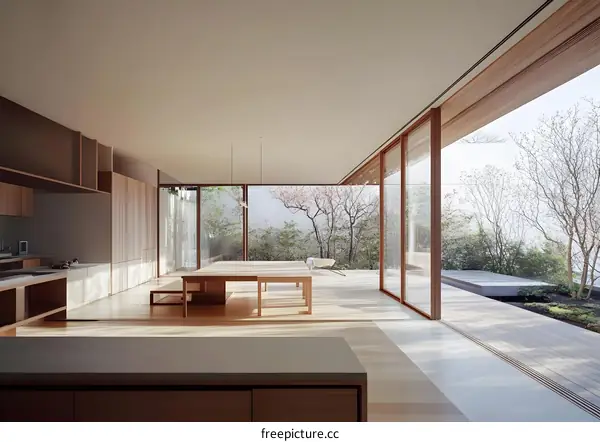 Modern Minimalist Kitchen with Large Glass Windows and View of Nature