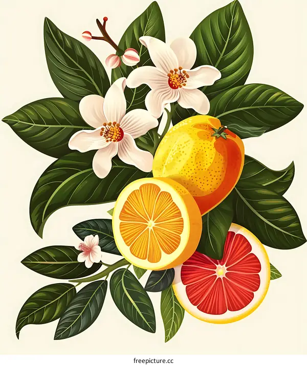 Citrus Fruit Branch with White Flowers