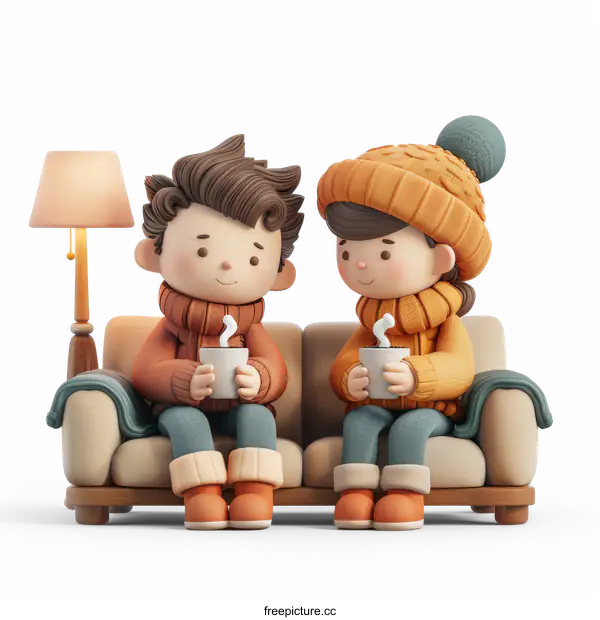 [Transparent Background PNG]Cozy Winter Couple Enjoying Coffee on a Couch