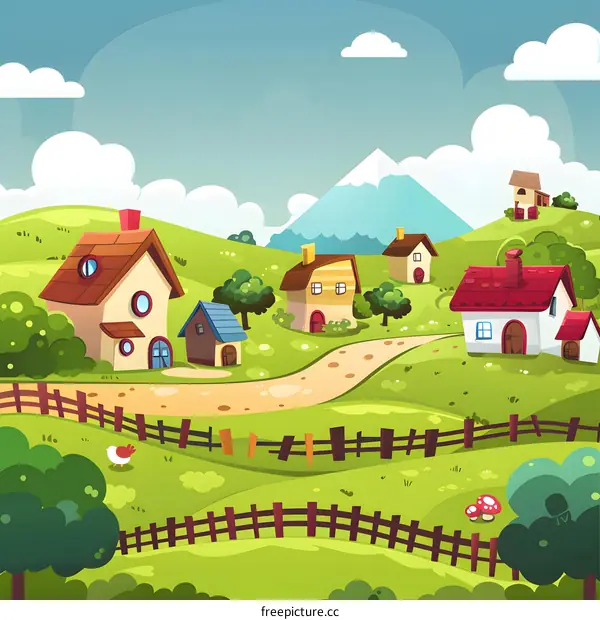 Cartoon Landscape Illustration With Houses, Hills and Mountains