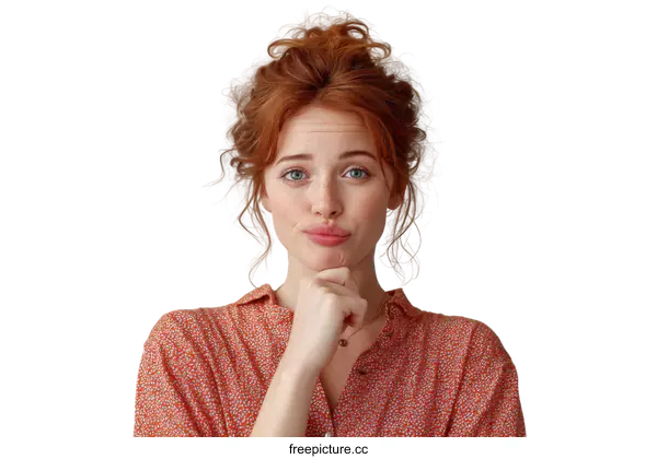 [Transparent Background PNG]Red-haired woman with hand under chin showing thoughtful expression