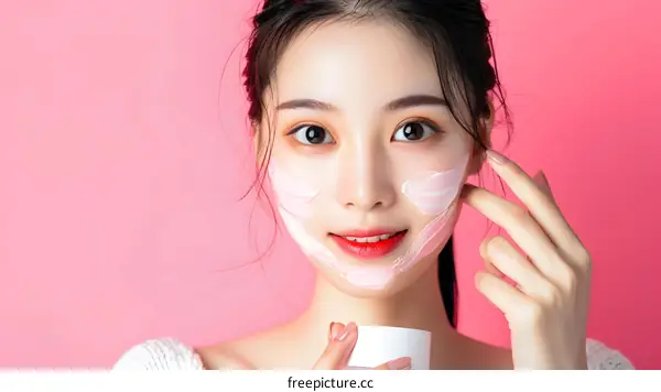 Young Asian Woman Applying Face Cream On Pink Background