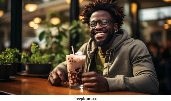 A young African-American man is drinking a chocolate milkshake at a cafe