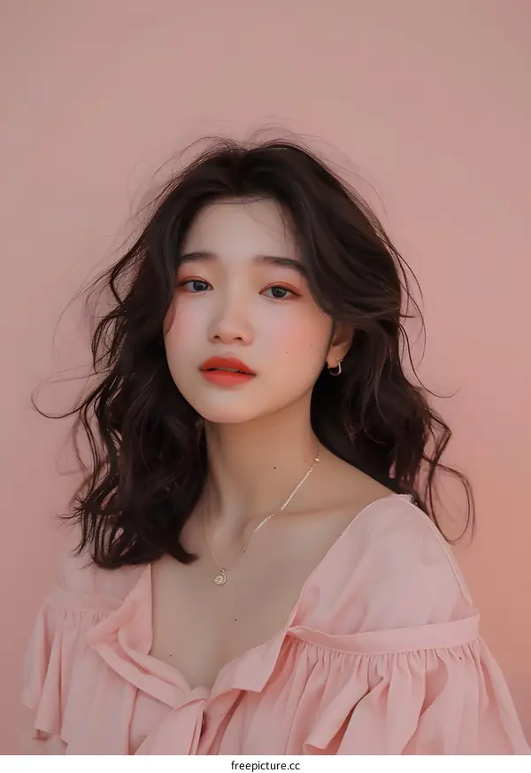 Portrait of a Young Asian Woman with Pink Blouse and Wavy Hair