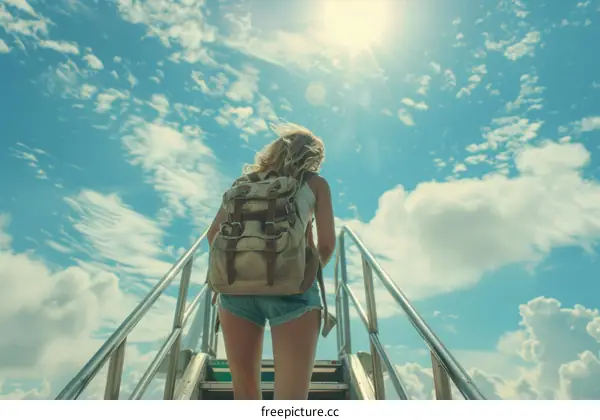 Young woman with backpack climbing up airplane stairs