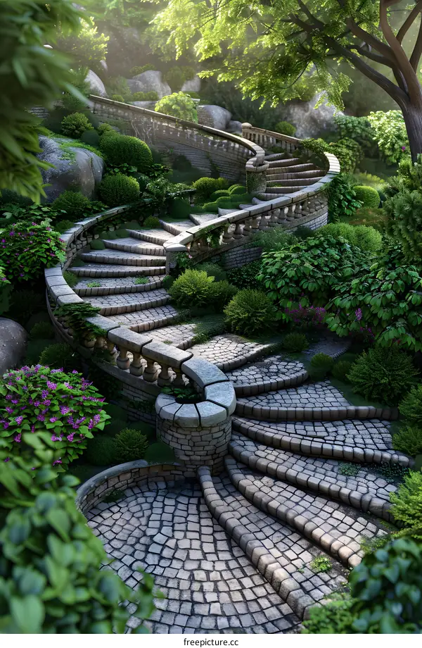 Stone stairs in a lush green garden