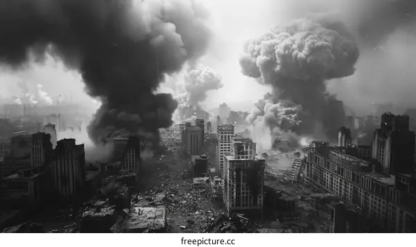 Black and white photo of a destroyed city