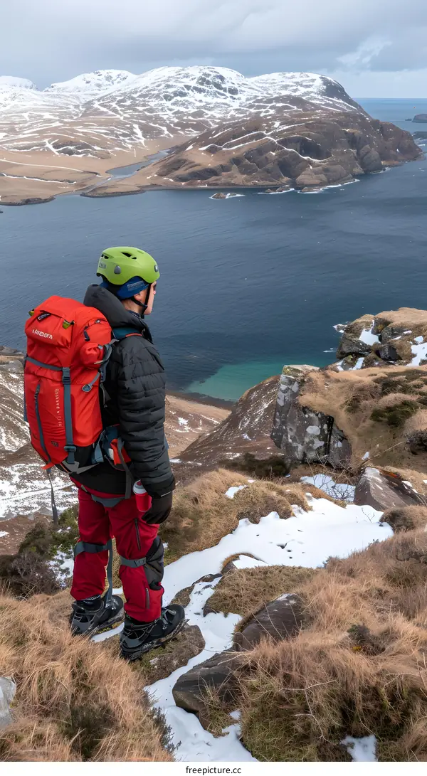 Man Standing on a Hillside Overlooking a Snowy Mountain Range