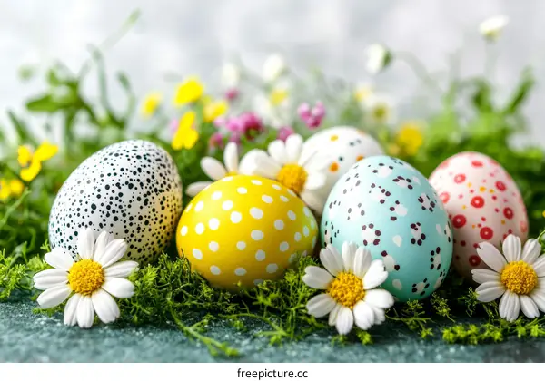 Colorful Easter Eggs Nestled Among Flowers
