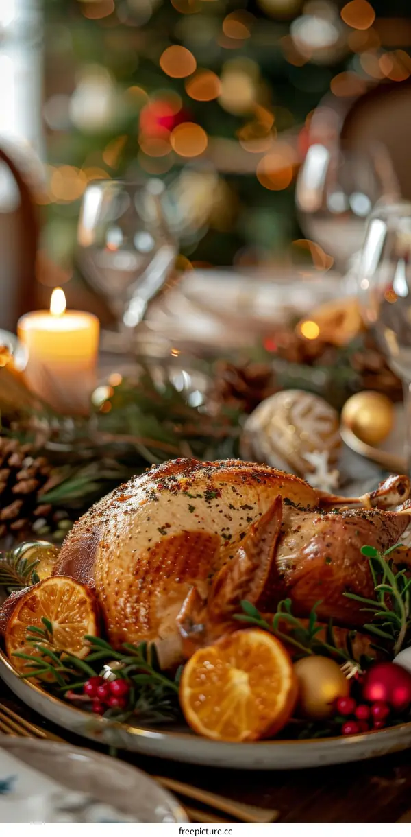 Roasted Turkey with Christmas Decorations