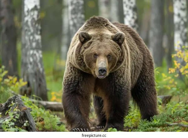 Large male grizzly bear strolls through dense forest