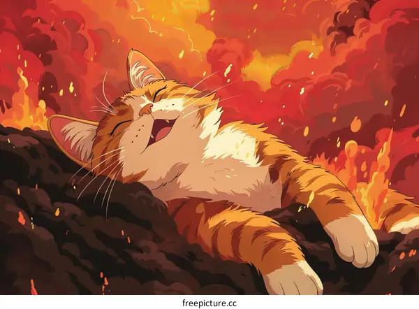 Ginger Cat Relaxing on Burning Coal