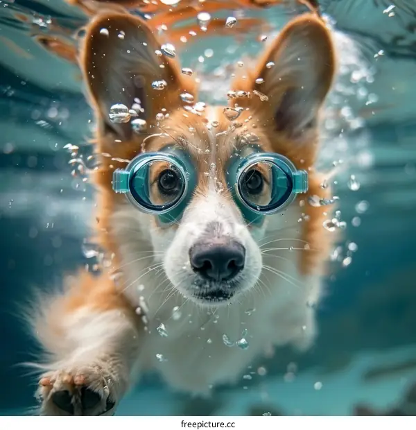 A cute corgi dog is swimming underwater with goggles on