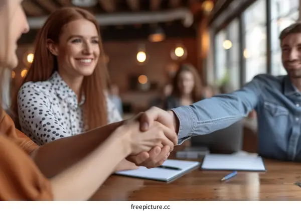 Business handshake agreement between diverse multiethnic people at office meeting table