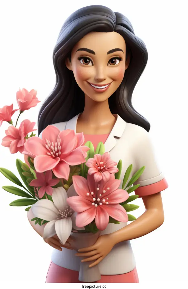 Beautiful Asian Woman with Bouquet of Flowers