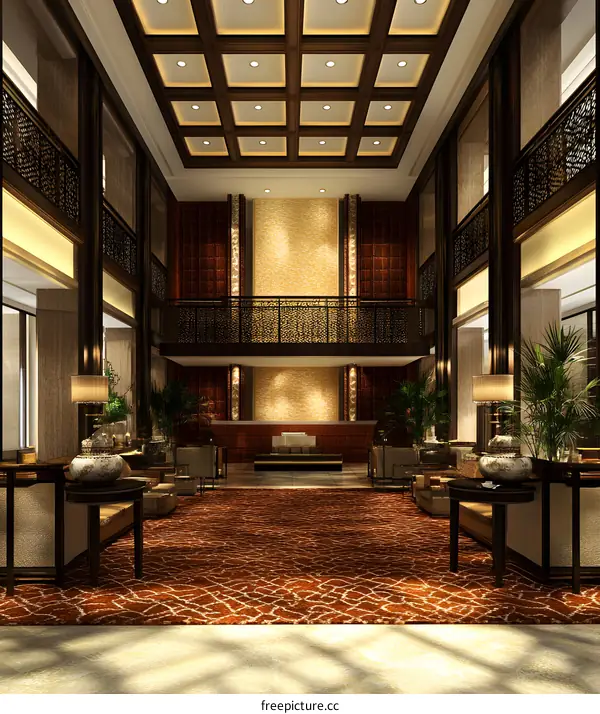 Luxury Hotel Lobby Interior Design With High Ceiling And Red Carpet