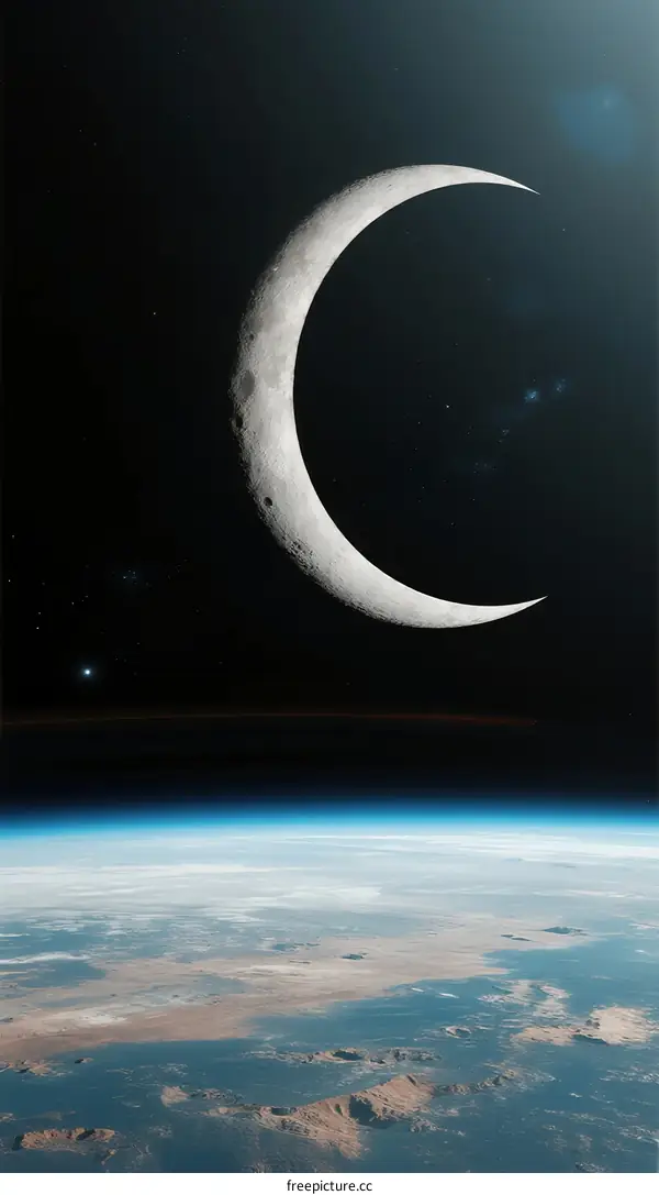 Crescent Moon Over Earth's Surface in Space