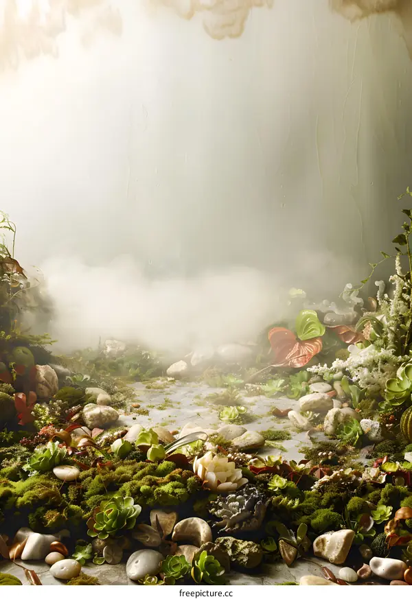 Green Mossy Rocks With Light Mist Background