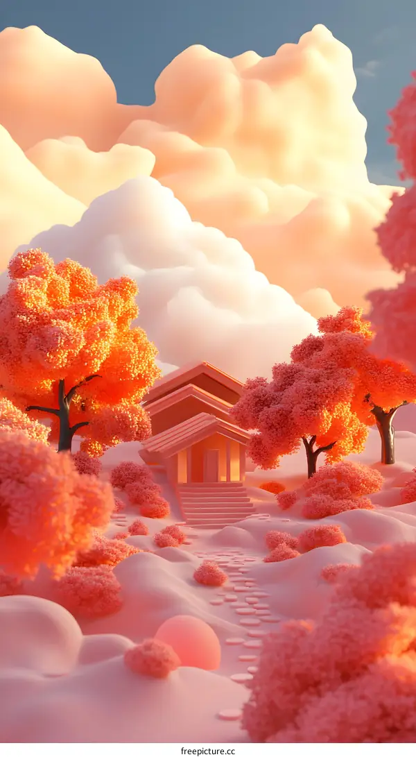 3D Rendered Landscape with Pink Trees and a House