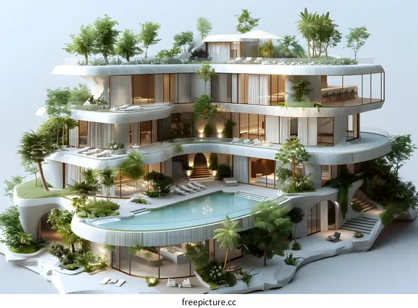 futuristic luxury mansion with pool and garden