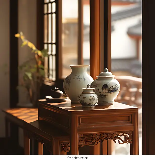 Chinese Porcelain Vases on Wooden Table in Traditional Home