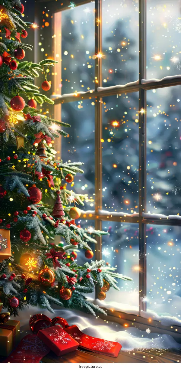 Christmas Tree by the Window Snowy Night