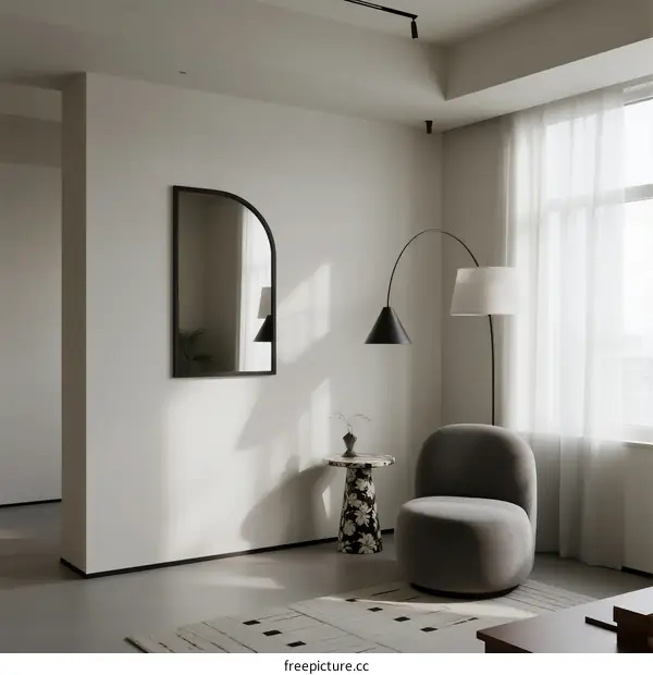 Modern minimalist living room with curved mirror and comfortable chair
