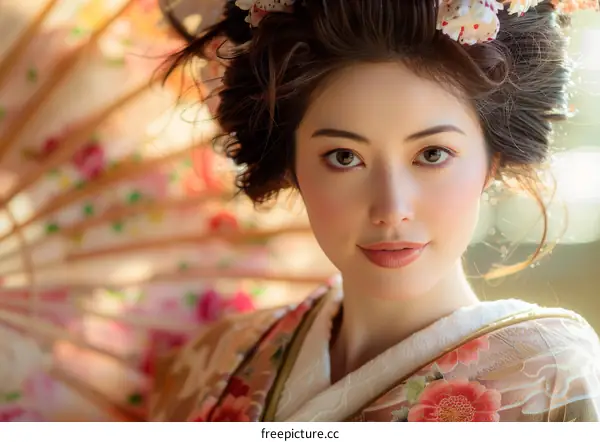 Portrait of a beautiful Japanese woman in traditional kimono