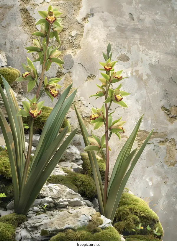 Green Orchid Flowers with Moss and Stone Wall Background