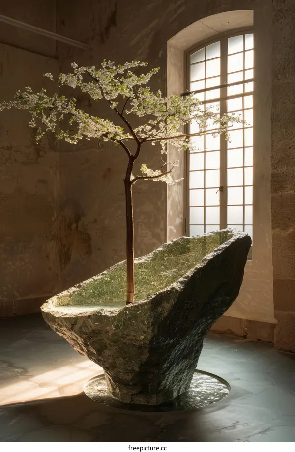 A stone basin with a cherry blossom tree growing out of it