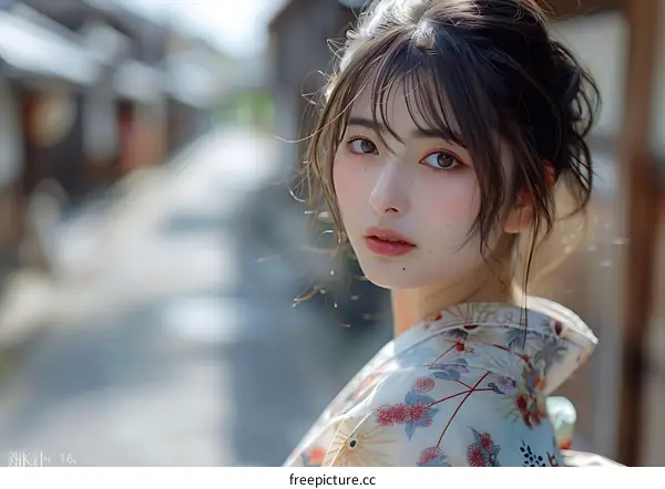 A Japanese girl wearing a kimono