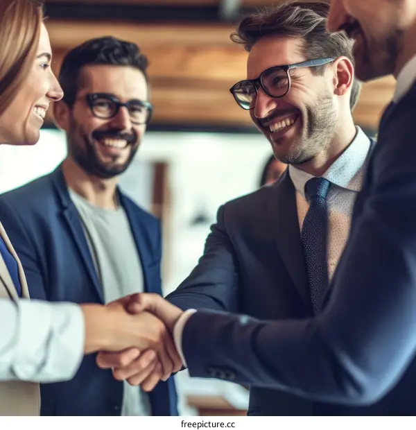Business people shaking hands in agreement with colleagues in the background