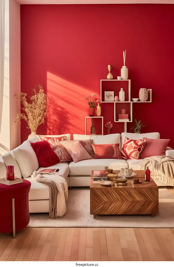 Modern Red Living Room with White Sofa and Coffee Table