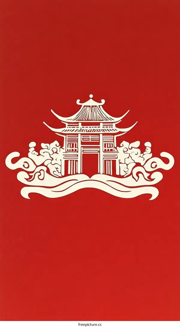 Chinese Architecture Design Illustration on Red Background