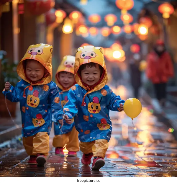 Three Asian Children Running in the Rain