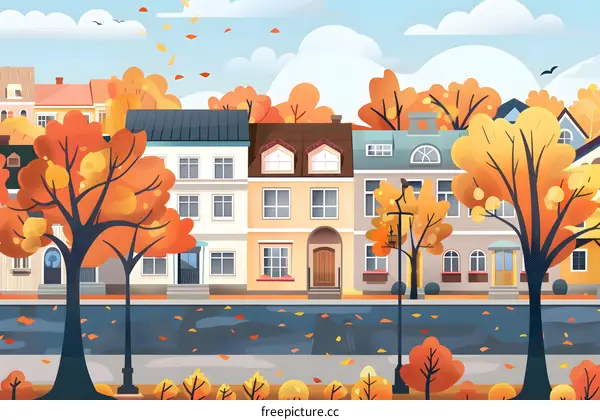 Autumnal Cityscape with Trees and Houses