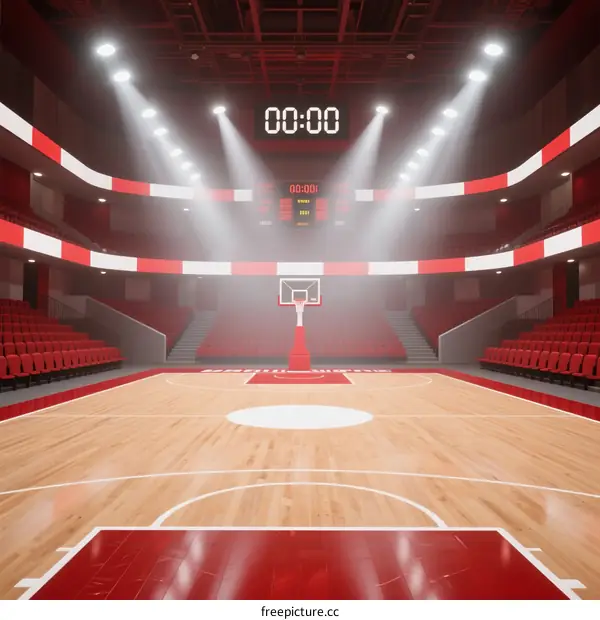 Indoor basketball court with bright lights and empty seats ready for game