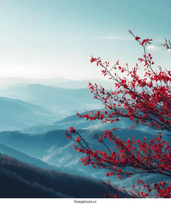 Red Leaves Branch Over Blue Mountain Range