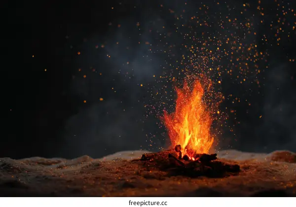 Night Campfire Sparks and Smoke
