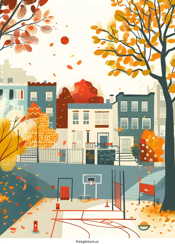 Autumn Leaves Falling on Basketball Court Illustration