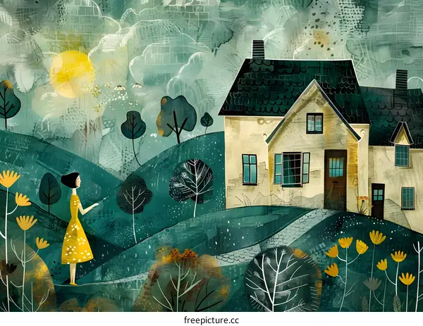 girl in yellow dress standing in front of a house
