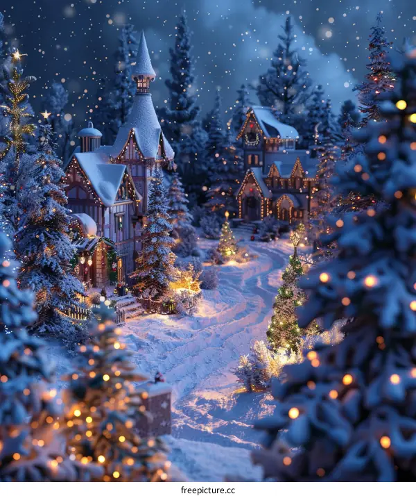 Winter Village Street with Christmas Trees and Snowfall