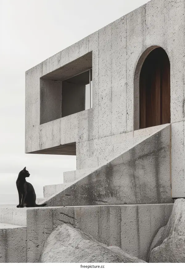 Black cat on the concrete building stairs near the sea