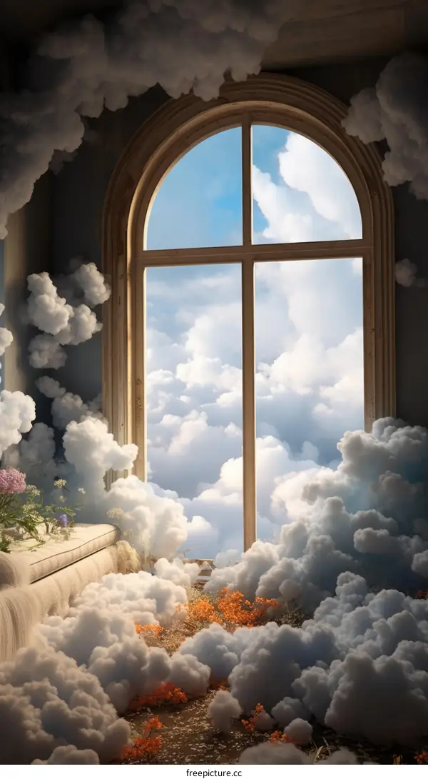 A room filled with clouds and a window