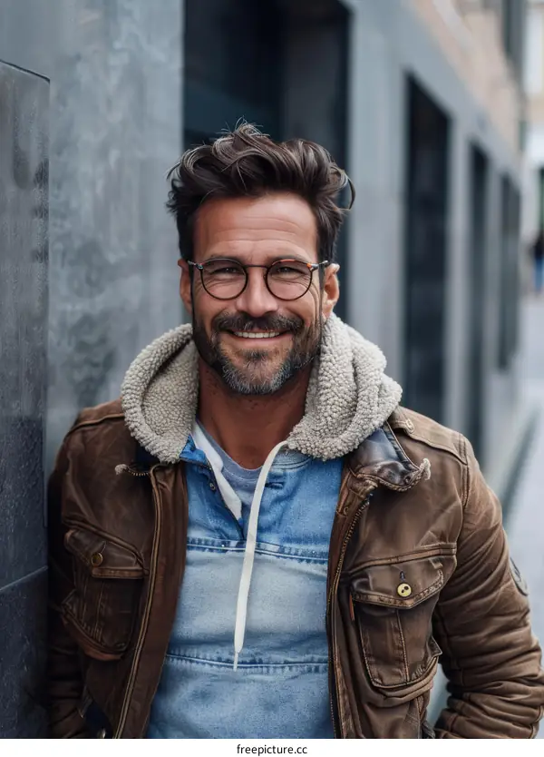 Smiling Man in Stylish Casual Outfit by Urban Wall