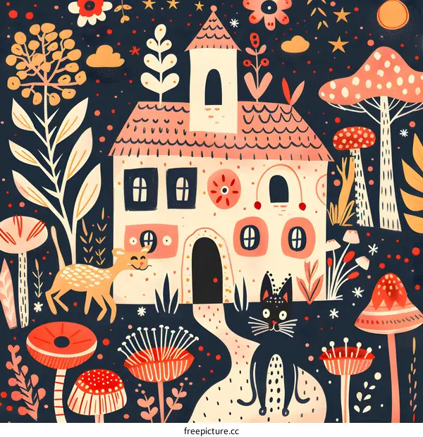 Cute Little House With Cat and Deer in Forest