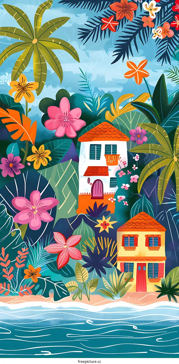 Tropical Beach Houses with Colorful Flowers and Palm Trees Illustration